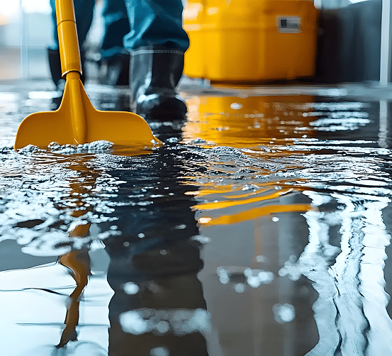 Agent en bottes noires raclant une grande flaque d'eau avec une serpillière ou raclette jaune, reflets jaunes vifs sur le sol mouillé.