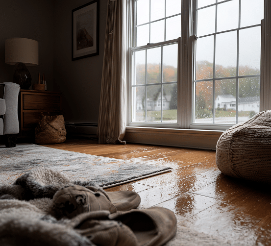 Intérieur cosy avec parquet mouillé près d'une fenêtre donnant sur une journée pluvieuse d'automne avec des maisons.