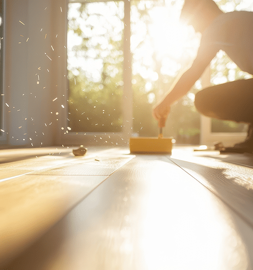 Pose de plancher flottant : travaux et lumière du soleil Bricoleur accroupi installant un plancher flottant, des sciures volent sous la lumière vive du soleil entrant par la fenêtre.